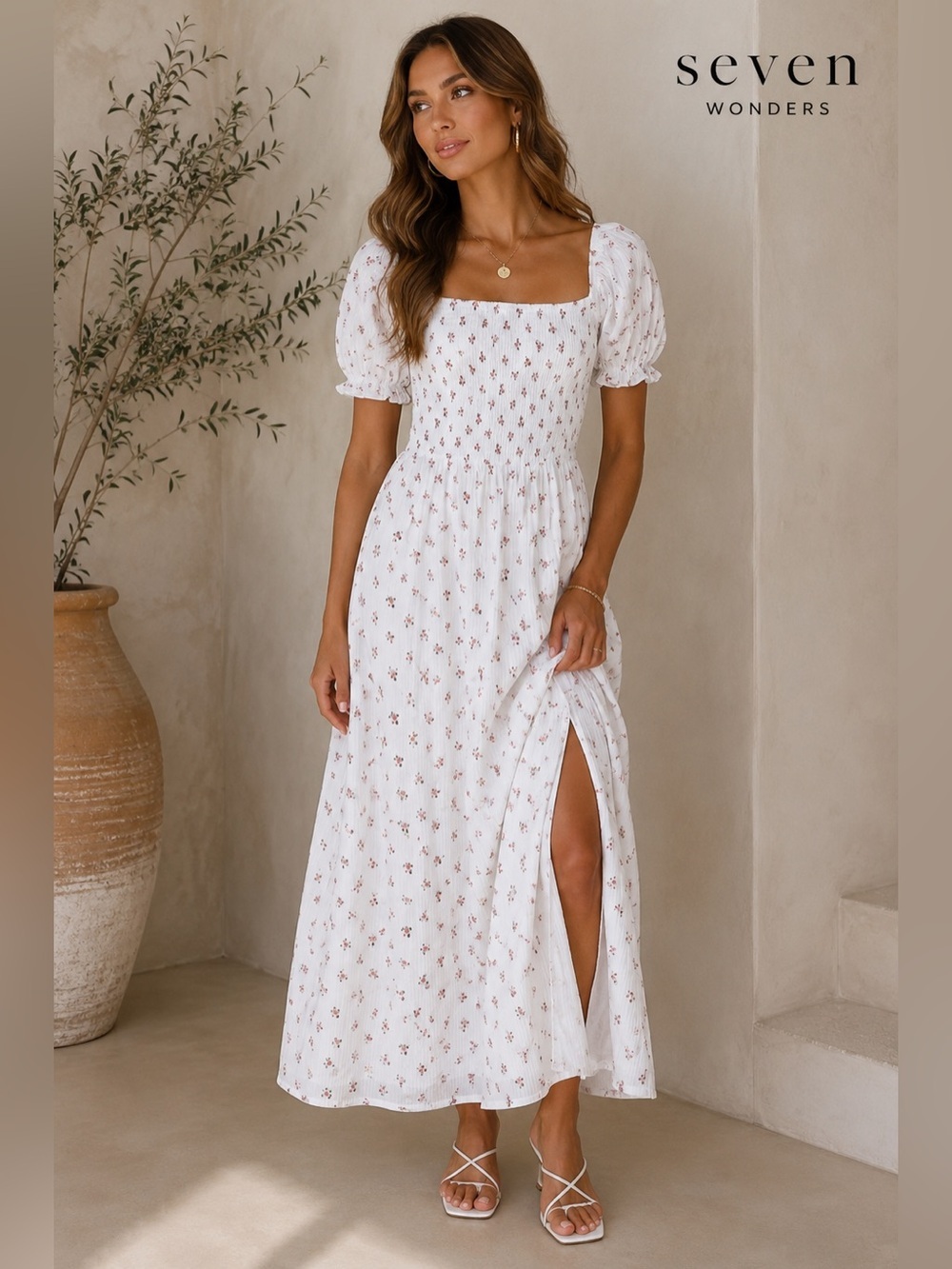 🌸 Seven Wonders Floral Puff Sleeve Smocked Midi Dress - 100% Cotton - Slit